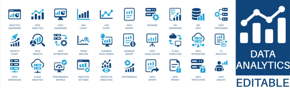 Data analytics and big data solid icon set. Featuring data visualization, trend analysis, business report, performance metrics, and database. Editable vector glyphs for corporate audit and strategy.