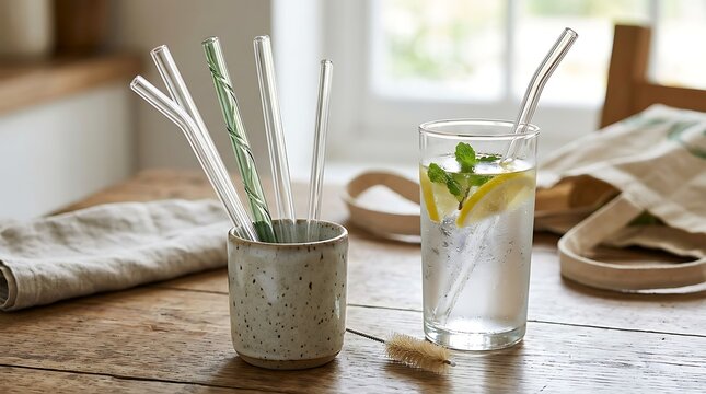 Refreshing Cold Drink with Glass Straw and Mint on Wooden Table