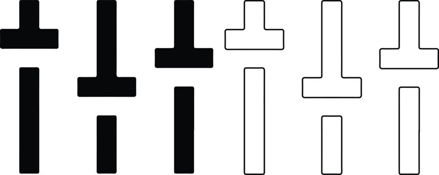Vector T-Shaped Symbols in Black Fill and Outline Variations for Design Concepts