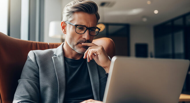 A pensive businessman with glasses working on a laptop, a concept of deep thought, problem-solving, and strategic planning