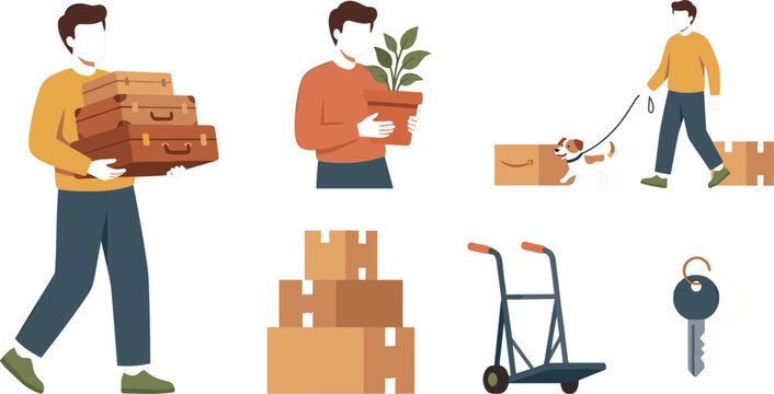 House Moving Day Flat Vector Set Featuring Man Carrying Suitcases, Holding Plant Pot, Walking Dog, Cardboard Boxes, Hand Truck, and Key Icons