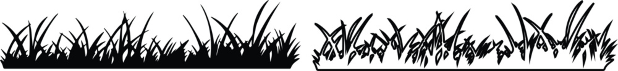 Black Silhouette Grass Border with Detailed Outline Against White Backdrop Vector Illustration © Rabeya