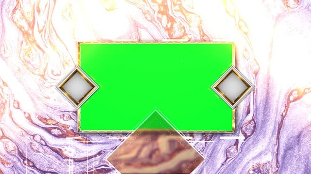 Luxury Golden Ornament Frame with Green Screen Alpha Key Center over Purple and Rose Gold Fluid Ink Marble Swirl Art Background