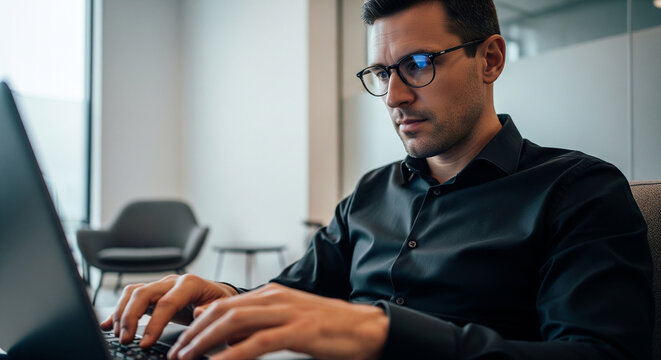 A focused young businessman working on a laptop in a dark room, a concept of late-night work, dedication, and startup culture