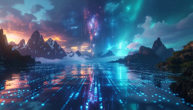 Futuristic Landscape with Digital Data Streams.