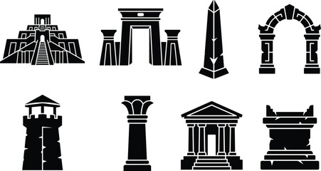 Obraz premium Ancient Architecture Monument Silhouette Icon Set Featuring Temple Pyramid Obelisk Columns Arch and Historic Structures