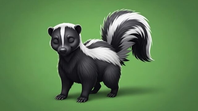 A charming illustration of a happy little skunk on a plain green background