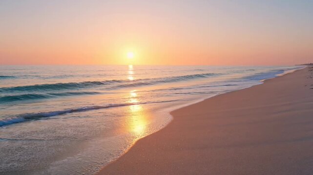Calming ocean waves washing over a sandy tropical beach during a stunning sunrise with the sun reflecting on the tranquil water, creating a peaceful and serene seascape