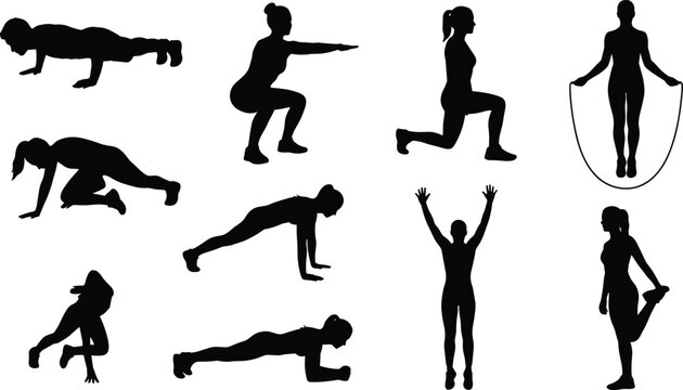 Fitness Exercise Silhouette Collection with Push Ups Squats Lunges Plank Jump Rope and Stretching Vector Set
