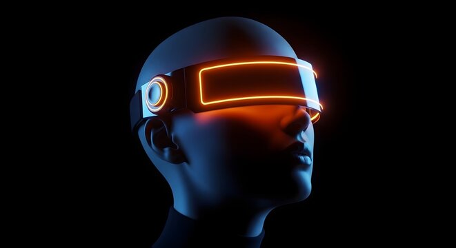 Android humanoid with neon orange visor headset. Advanced robotics and AI interface. A mechanical figure with glowing electronic eyewear in darkness