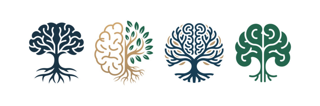 Set of creative brain tree logo designs