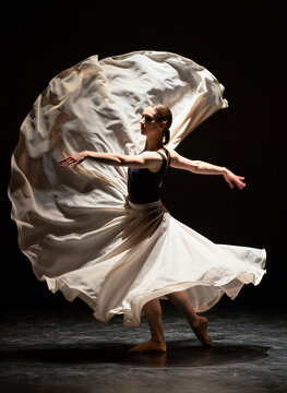 Captures Female Dancer In Mid Motion Against Stark Black Backdrop Accentuates Figure Fluidity Of Movement Performing To Classical Dance