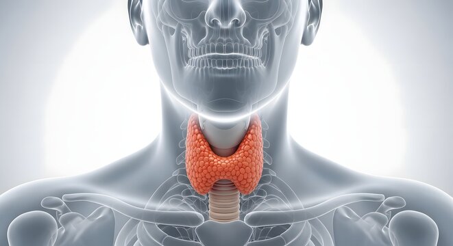 Human thyroid gland anatomy and endocrine health. Thyroid diagnostics and hormone research. Detailed 3D model of a human neck with an highlighted orange thyroid gland
