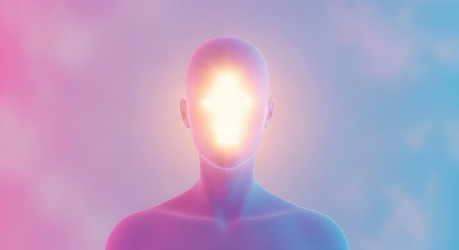 Spiritual awakening and divine human consciousness. Energy aura and enlightenment concepts. Human silhouette with a glowing bright light shining from the face area