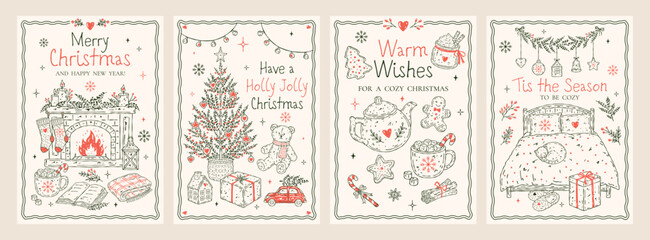 Cozy Christmas greeting card collection with hand-drawn holiday illustrations, festive lettering and red accents, featuring fireplace, hot cocoa, Christmas tree and warm winter home scenes © Irina Khovanskaya