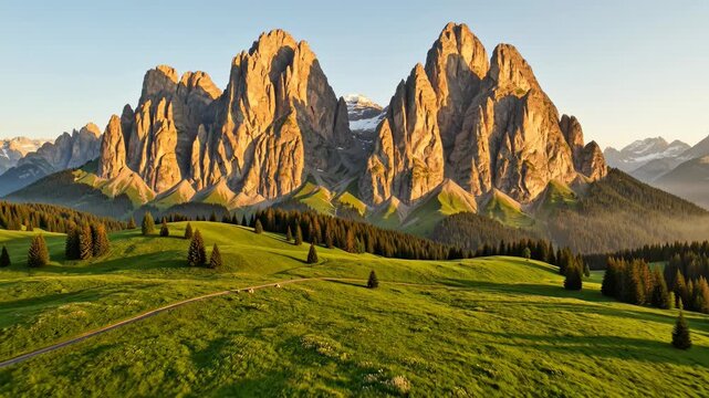 Fpv drone flying over the green meadows of passo delle erbe with the majestic sass de putia mountain in the background at sunrise, highlighting the dolomites