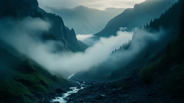 Misty mountain valley with river and pine trees