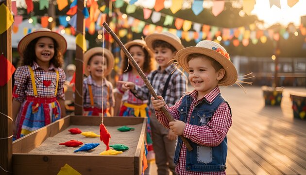 Happy children playing traditional carnival games at a fair for the Festa Junina celebration, enjoying the pescaria fishing activity as a Brazilian culture concept