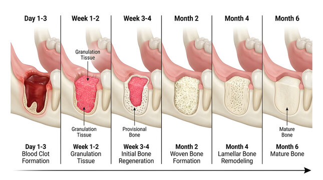 Stages of bone healing after tooth extraction
