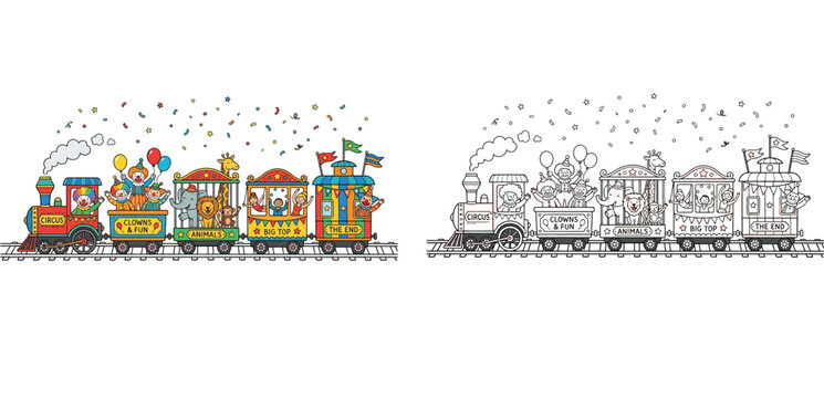 Circus train vector illustration with animals, clowns, and kids. Color and black and white outline version for children's coloring book.