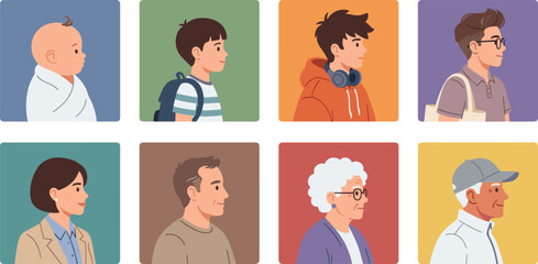 Set of profile portrait illustrations showing human life stages © Anonto