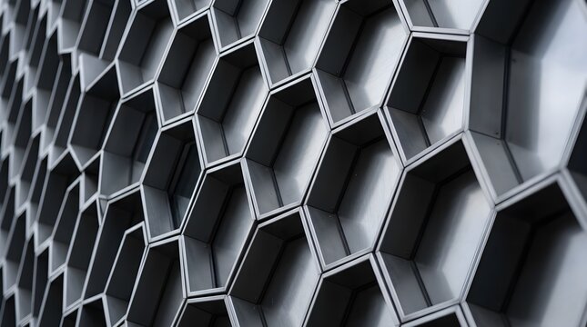 Monochrome Hexagonal Metal Facade, Deep Honeycomb Modules Casting Bold Shadows Across Industrial Surface, Futuristic Architectural Skin Ideal for High Tech Buildings, Parking Structures, and Minimal G