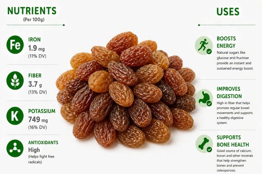 A 3D semi-realistic bright image of raisins centered with detailed texture and clean background. On the left, list nutrients per 100g (iron, fiber, potassium, antioxidants). On the right uses