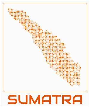 Sumatra digital style map. Small roundedSquare dots on white background. Dotted shape of the island. Sumatra map and title. Awesome vector illustration.