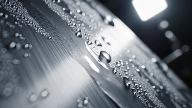 Close-up of water droplets on a textured metallic surface, abstract, macro, dark background