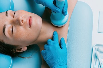 Naklejka premium Thyroid ultrasound examination on a young woman with serene expression in a sterile blue clinic for endocrinology health and medical diagnostics