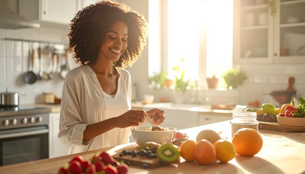 Mujer preparando zumo de naranja en cocina luminosa con frutas frescas sobre la mesa en estilo de vida saludable