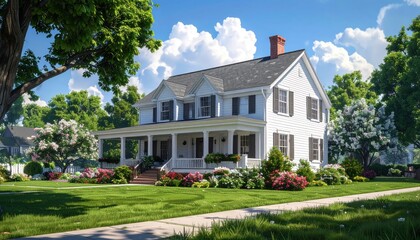 Fototapeta premium Charming White Colonial House with Wrap-Around Porch and Lush Gardens