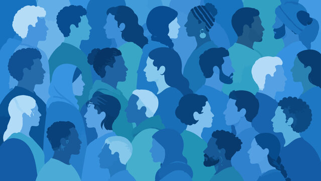 Diverse Blue Community Crowd Side Profile Silhouettes Background With Multicultural People Illustration