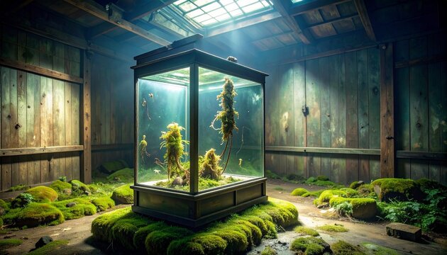 Modern greenhouse interior with lush green plants and lighting.