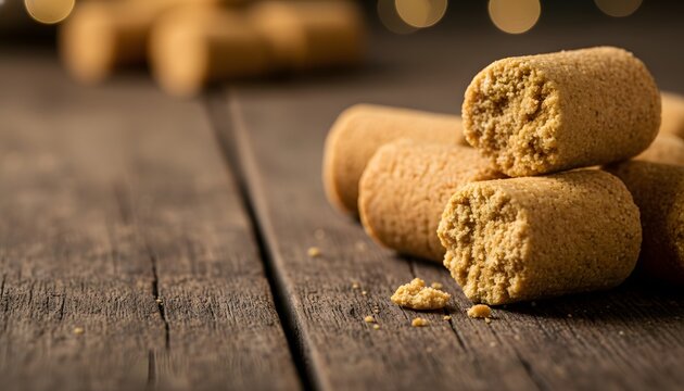 Macro shot of traditional pacoca peanut candy on rustic wood table, representing Brazilian festa junina celebration concept with warm bokeh lights