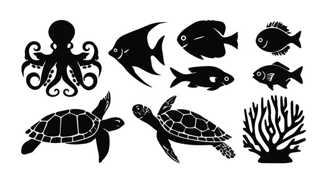 Silhouette Collection of Marine Life Including Octopus Fish Turtles Coral.