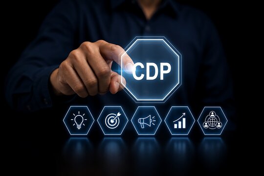 Business professional interacting with a glowing cdp interface on digital screen