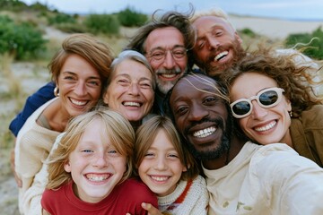 Obraz premium Diverse multigenerational group of friends and family smiling for a candid selfie, with soft and warm earthy tones for community lifestyle imagery
