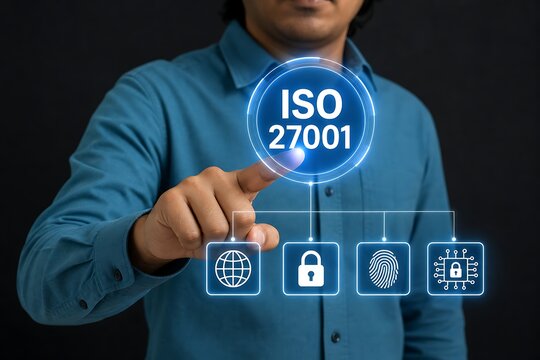 Businessman interacting with holographic iso 27001 security icons and global network