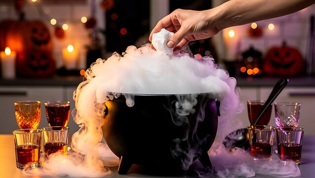Woman dropping dry ice into black cauldron for bubbly potion. Spooky Halloween celebration with steaming magic smoke on table. Festive party drink preparation and glowing decoration.