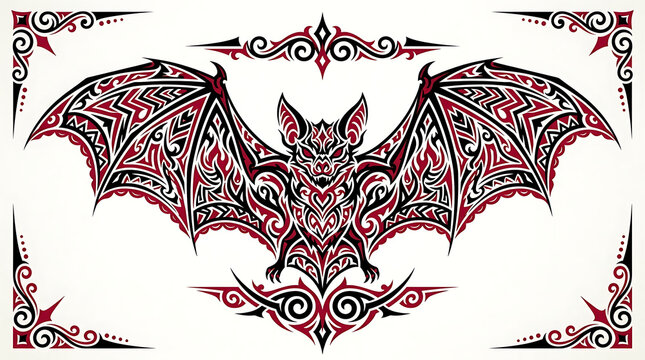 Decorative tribal bat graphic with ornate corner frame ornaments, ornament