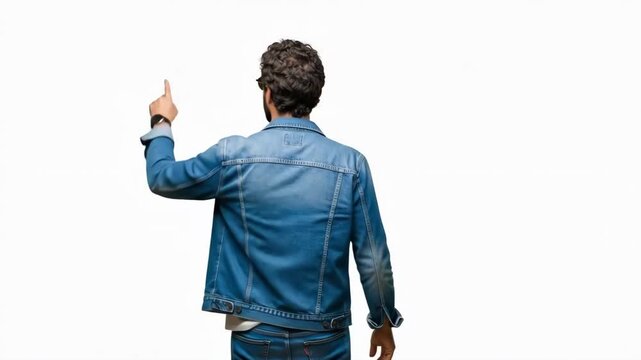 Young man in denim jacket pointing upwards at an empty white background