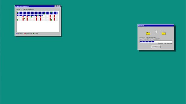 Vintage Operating System Windows Defragmenting and Copying Files Y2K & Retro Aesthetic 8-bit Pixel Interface Motion Graphic Element for Nostalgic Digital Content Background