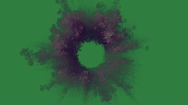 Circle on it in the middle an explosion of fire smoke hole black isolated on green screen background
