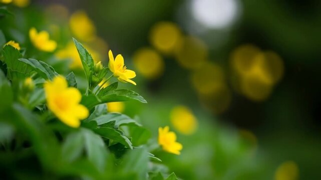 A close-up of vibrant yellow buttercup flowers blooming in a lush garden
