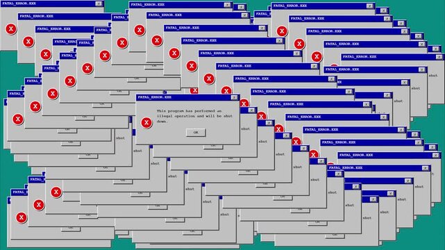 Retro Cascading Computer Error Messages Windows Y2K & Retro Aesthetic Abstract Glitch Motion Graphics Background for Technology Presentation and Cyber Art Design