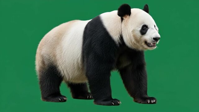 A giant panda walking gracefully against a solid vibrant green background