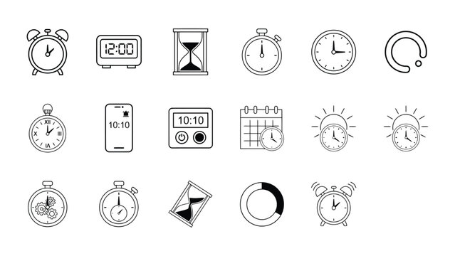 Clock interface icons, timer countdown and time management symbols vector artwork application design package set for dashboards today