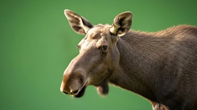 Close up portrait of a wild moose in the forest against a green background