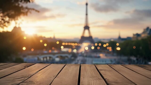 Wooden table overlooking the eiffel tower and the romantic city of paris at sunset with golden light and beautiful bokeh, perfect background for product placement